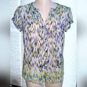 Liz Claiborne Turquoise Multicolor Sheer Button-Up Blouse, Aquatic Garden